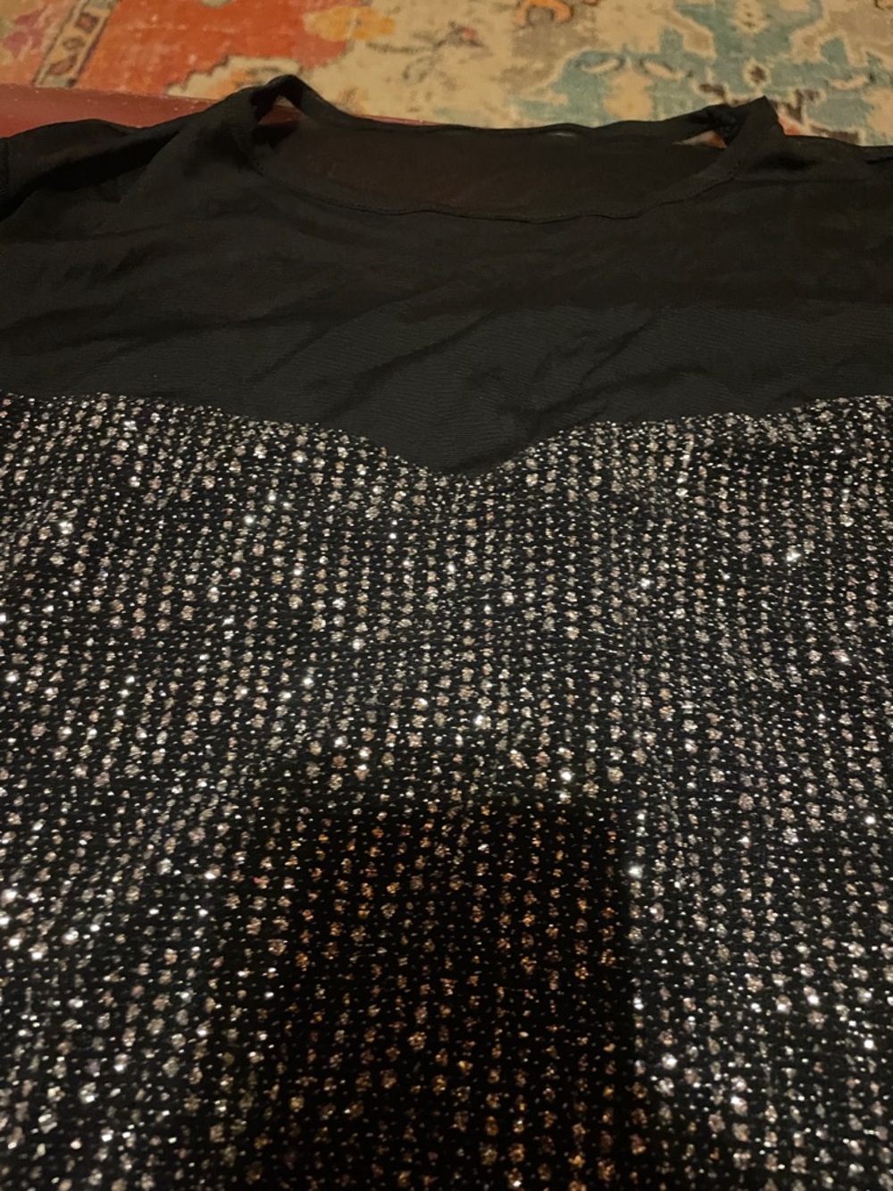 Black Sparkle Bling-Bling Knit Long-sheer Sleeve Top and upper neck! Size S - Picture 2 of 5
